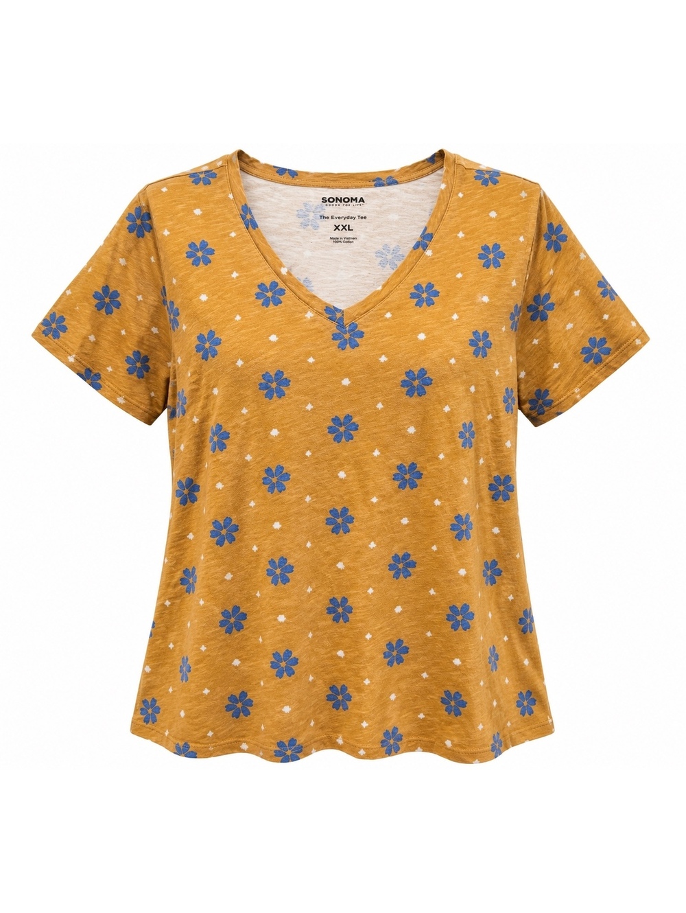 Sonoma Goods For Life Women XXL Mustard Blue Floral V Neck Cotton Tee